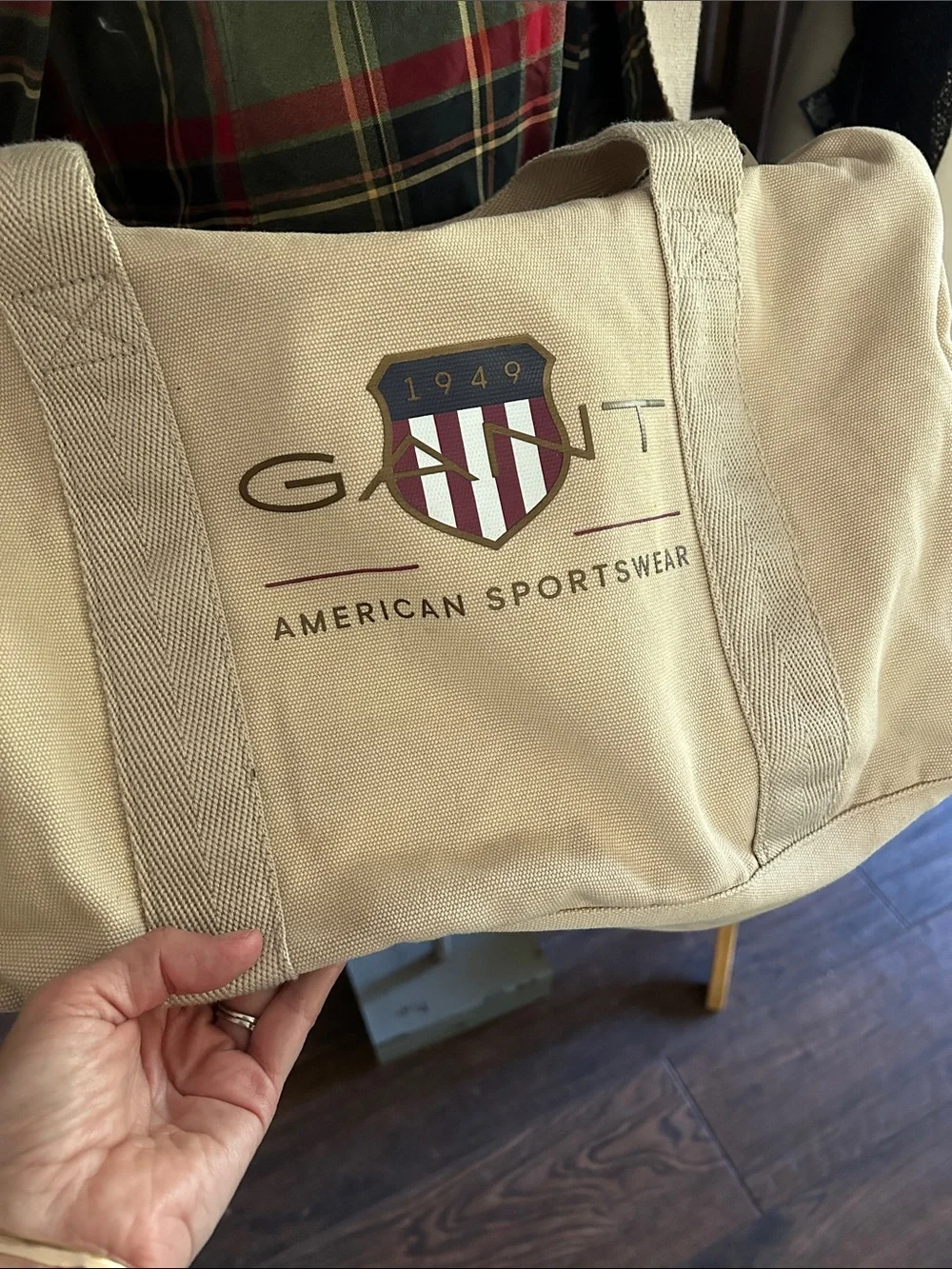 Gant Khaki Beige Canvas Duffel Bag with Embroidered Shield Logo M